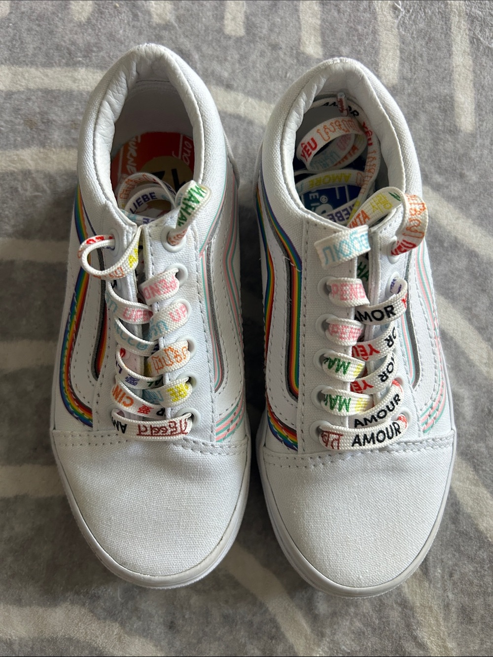 Vans Kids Pride White Sneakers with Rainbow Side Stripes and 'Love' Laces